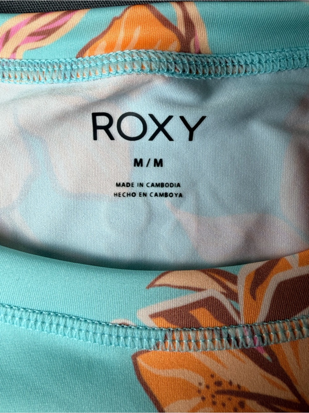 Roxy Tropical Floral Rash Guard Swim Top Medium Aqua Pink UPF Teal Coral Beach - Picture 6 of 9